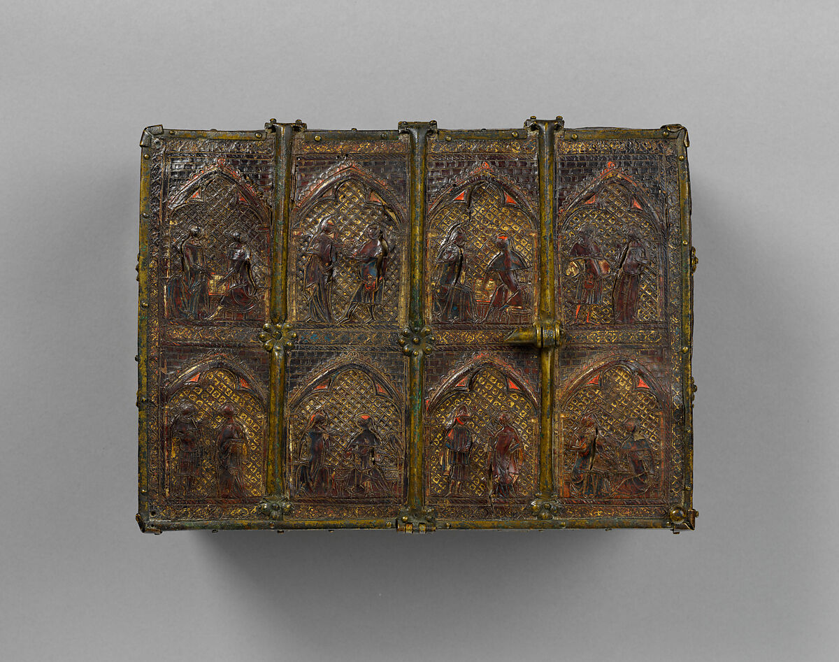 Box with Courtly Lovers, Incised, tooled, painted, stamped, and gilded leather (cuir bouilli) with brass fittings over a wood core, French