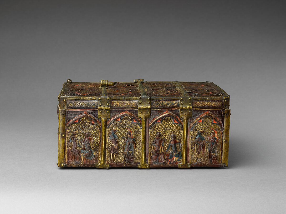 Box with Courtly Lovers, Incised, tooled, painted, stamped, and gilded leather (cuir bouilli) with brass fittings over a wood core, French
