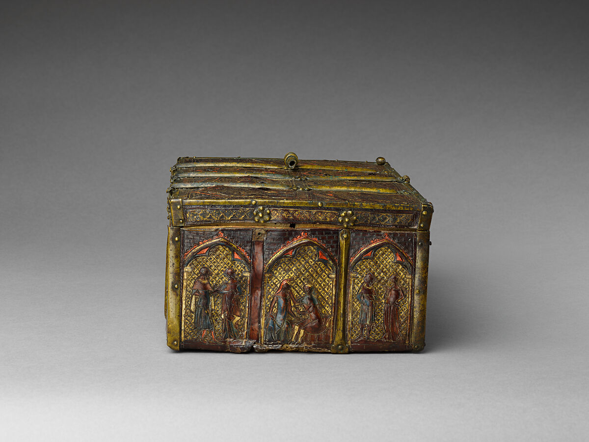 Box with Courtly Lovers, Incised, tooled, painted, stamped, and gilded leather (cuir bouilli) with brass fittings over a wood core, French