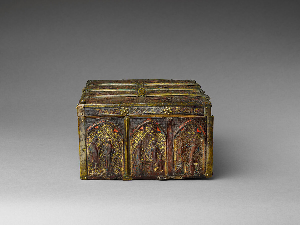 Box with Courtly Lovers, Incised, tooled, painted, stamped, and gilded leather (cuir bouilli) with brass fittings over a wood core, French
