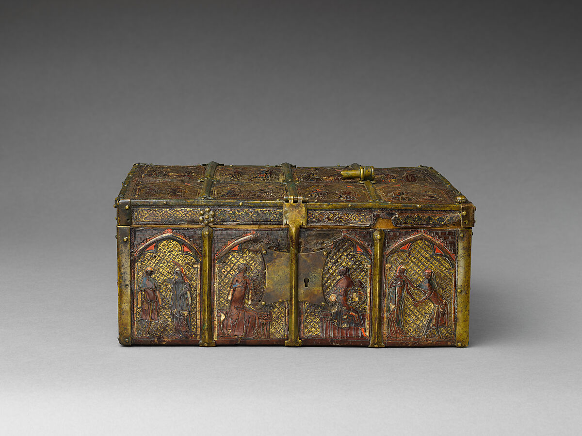 Box with Courtly Lovers, Incised, tooled, painted, stamped, and gilded leather (cuir bouilli) with brass fittings over a wood core, French