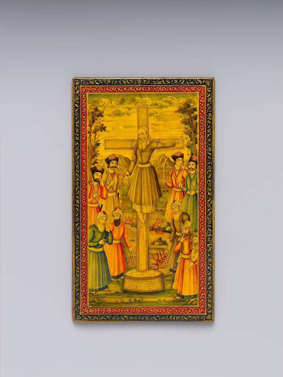 Mirror Case Depicting Crucifixion Scene, Muhammad Isma'il Isfahani (Iranian, 1814–1892), Pasteboard, papier-maché; opaque watercolor, gilded, and lacquered