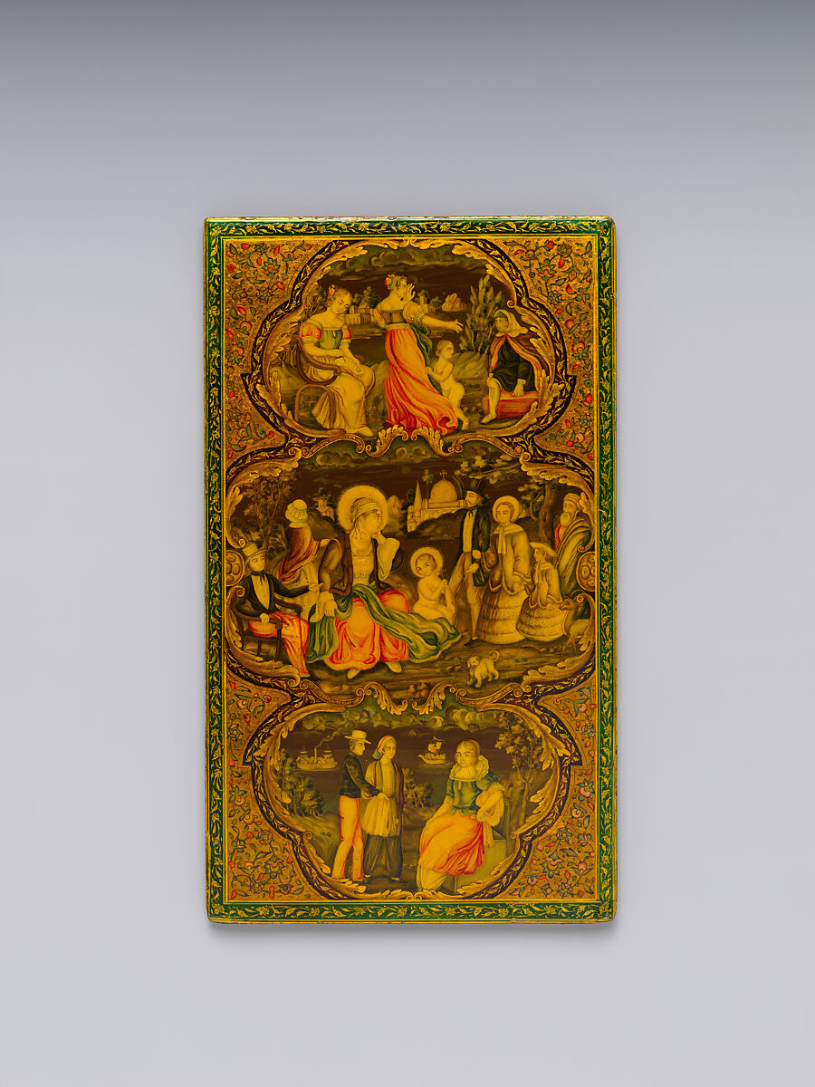 Mirror Case Depicting Crucifixion Scene, Muhammad Isma'il Isfahani (Iranian, 1814–1892), Pasteboard, papier-maché; opaque watercolor, gilded, and lacquered