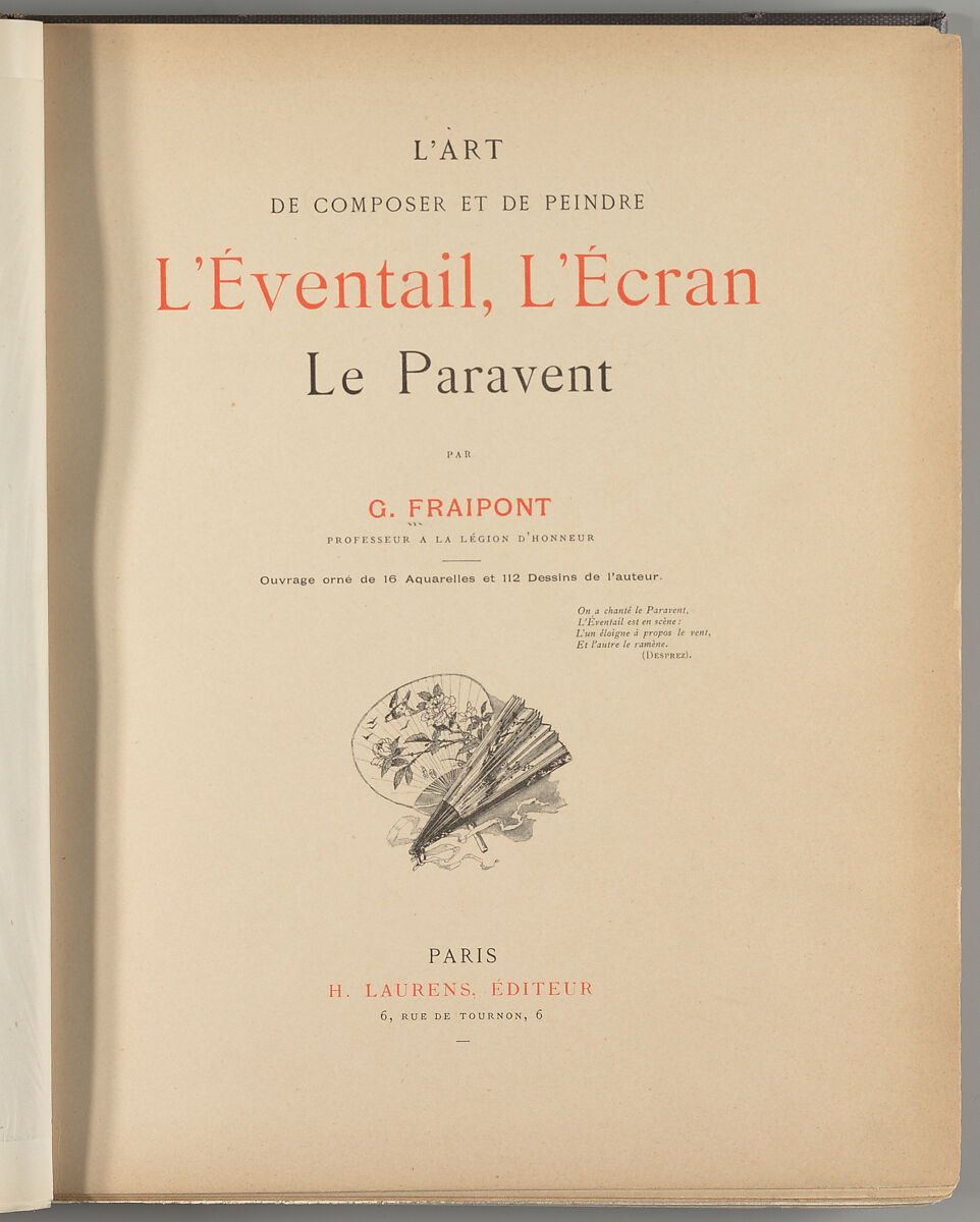 L'art de composer et de peindre l'éventail, l'écran, le paravent : ouvrage orné de 16 aquarelles et 112 dessins de l'auteur, Gustave Fraipont (French (born Brussels), 1849–1923)