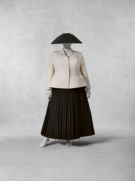 Bar Suit, House of Dior  French, a) polyester, wool; b) wool; c) straw; d, e) lambskin leather, French