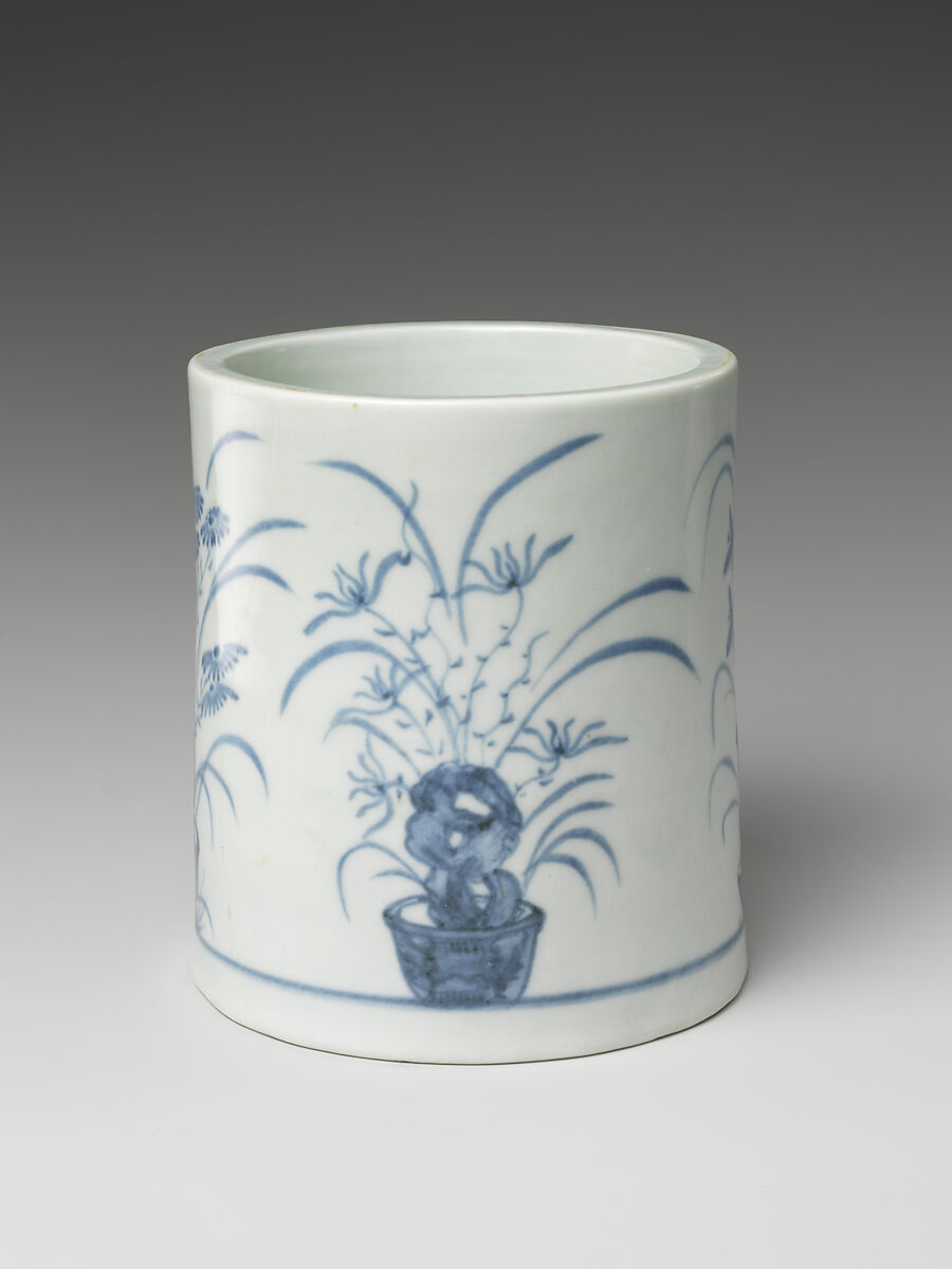 Brush pot, Porcelain with underglazed cobalt blue decoration, Korea