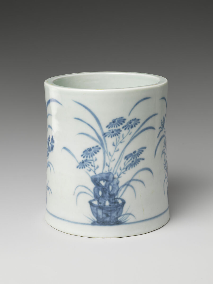 Brush pot, Porcelain with underglazed cobalt blue decoration, Korea