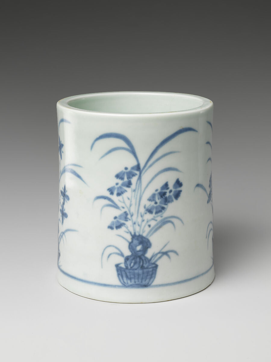 Brush pot, Porcelain with underglazed cobalt blue decoration, Korea