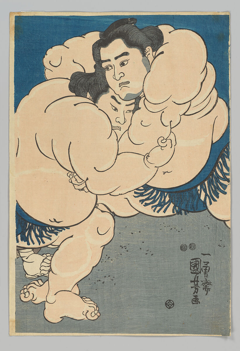 Sumo Wrestlers Kagamiiwa Hamanosuke and Koyanagi Tsunekichi, with Judge Sakaigawa Namiemon and Referee Shikimori Kiichirō, Utagawa Kuniyoshi (Japanese, 1797–1861), Woodblock print (nishiki-e); ink and color on paper, Japan