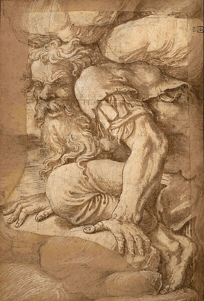 A Giant Crushed beneath A Rock (Study for the Fall of the Giants in the Sala dei Giganti, Palazzo Te, Mantua), Giulio Romano  Italian, Black chalk, pen and brown ink, brown wash, heightened with white gouache, original support made up toward the left of the design