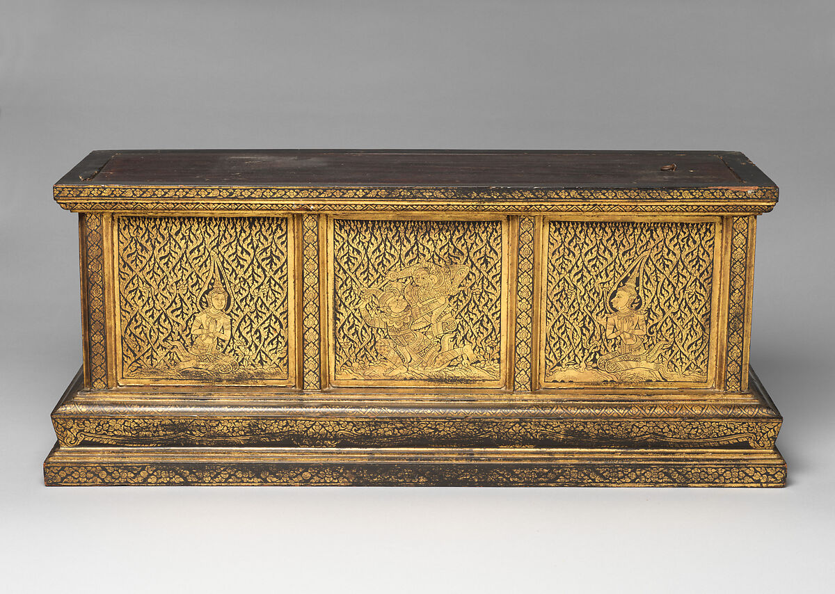 Manuscript storage cabinet, Hardwood with black lacquer and applied gold, Thailand, Bangkok