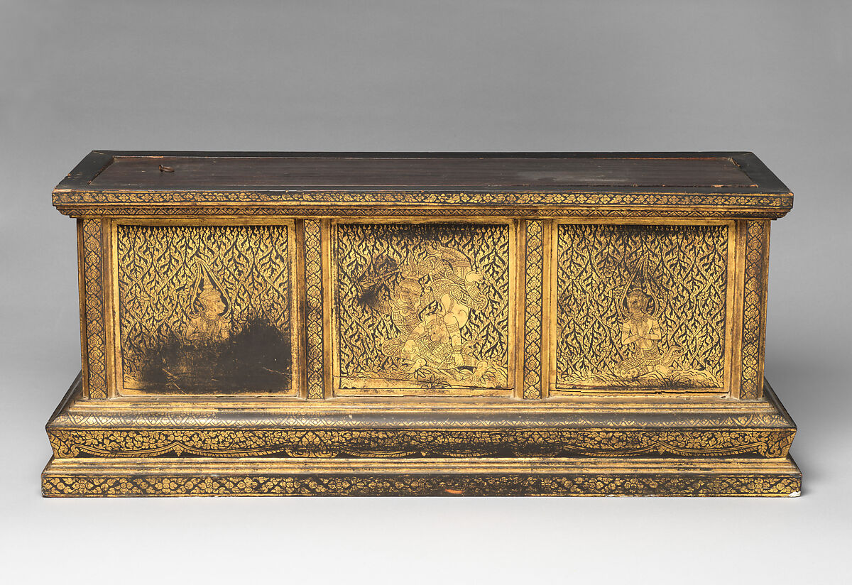 Manuscript storage cabinet, Hardwood with black lacquer and applied gold, Thailand, Bangkok