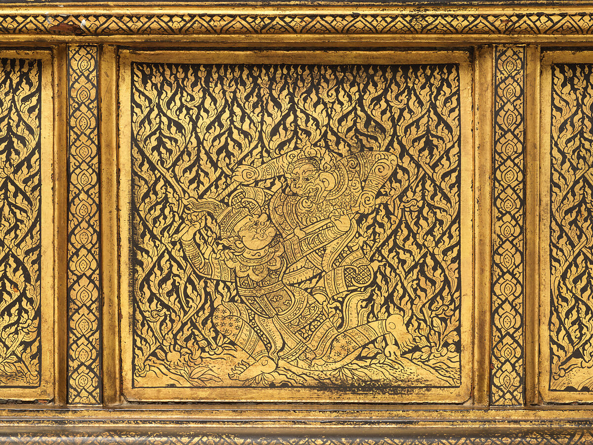 Manuscript storage cabinet, Hardwood with black lacquer and applied gold, Thailand, Bangkok