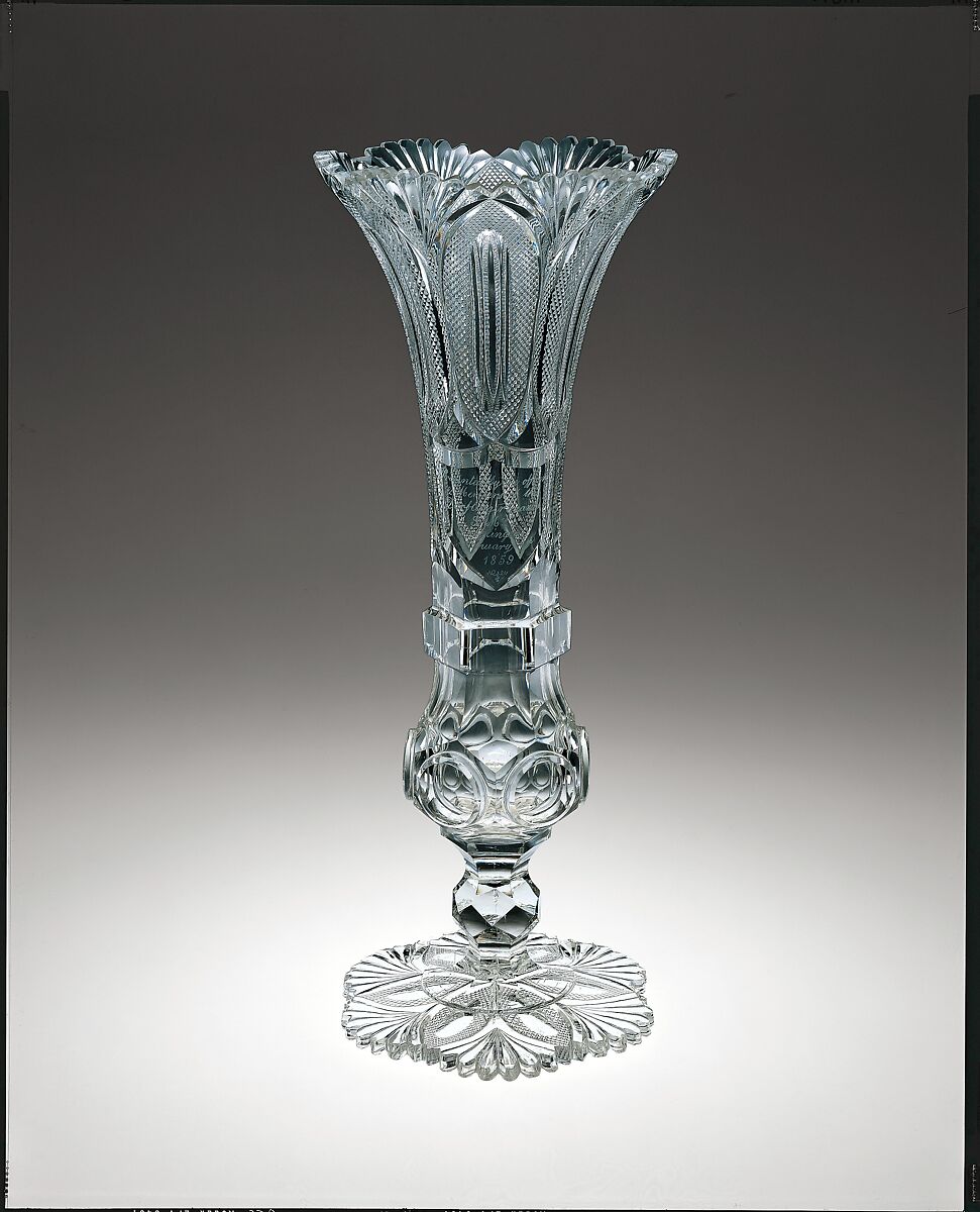 Presentation vase, Long Island Flint Glass Works of Christian Dorflinger (1852–63), Blown, cut, and engraved glass, American