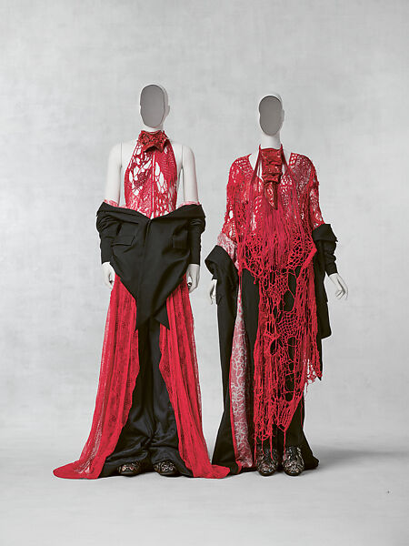 Ensemble, Yuima Nakazato  Japanese, (a) Jacket: artificial protein fiber and wool blend, red crochet knit: artificial protein fiber, silk blend, wool, rayon, cotton; (b) artificial protein fiber and wool blend, and silk organza; (c, d) leather, ceramic, and rubber; (e) ceramic and red crochet knit blend, Japanese
