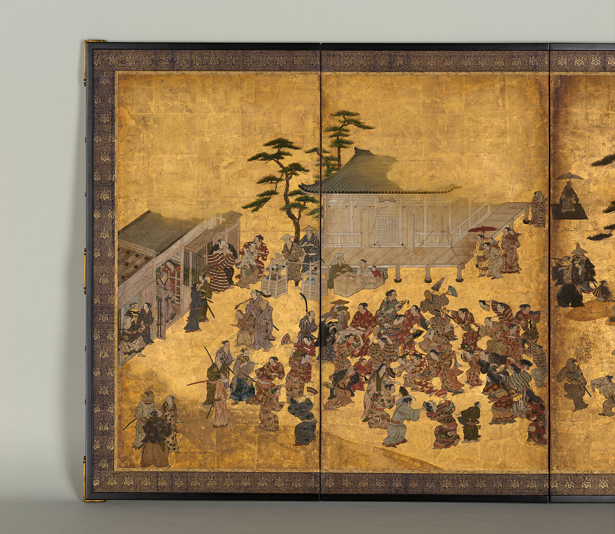 Amusements at Kitano Shrine, Studio of Kano Takanobu (Japanese, 1571–1618), Six-panel folding screen; ink, color, gold, silver, and gold leaf on paper, Japan