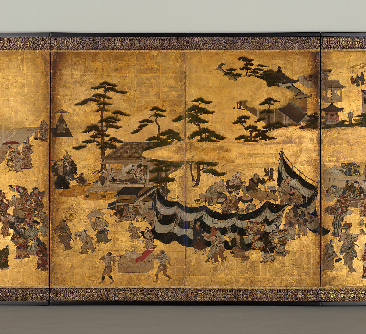Amusements at Kitano Shrine, Studio of Kano Takanobu (Japanese, 1571–1618), Six-panel folding screen; ink, color, gold, silver, and gold leaf on paper, Japan