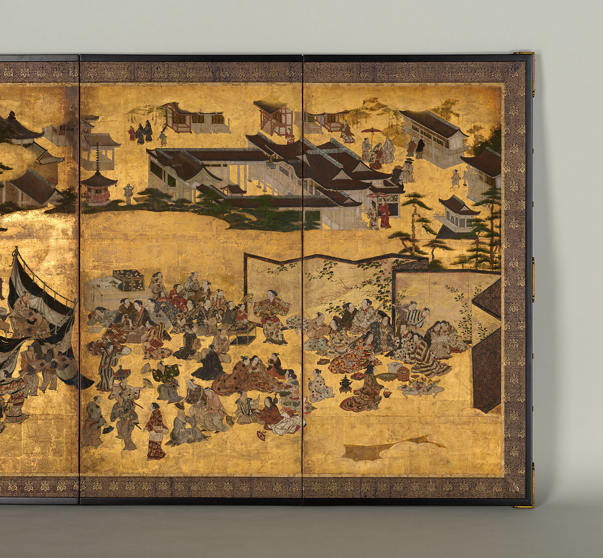 Amusements at Kitano Shrine, Studio of Kano Takanobu (Japanese, 1571–1618), Six-panel folding screen; ink, color, gold, silver, and gold leaf on paper, Japan