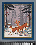 Greeting Card with Two Deer Frolicking in a Snowy Forest, Anonymous, American, 20th century  American, Screenprint