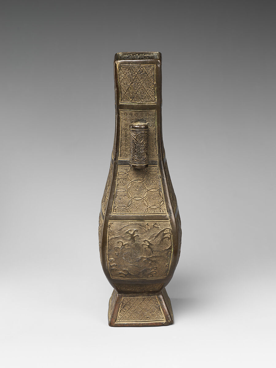 Square flower vase with tubular handles, Copper alloy, China