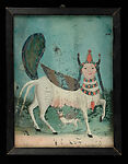 The Wish-Fulfilling Cow Kamadhenu and Her Calf, Paint on glass