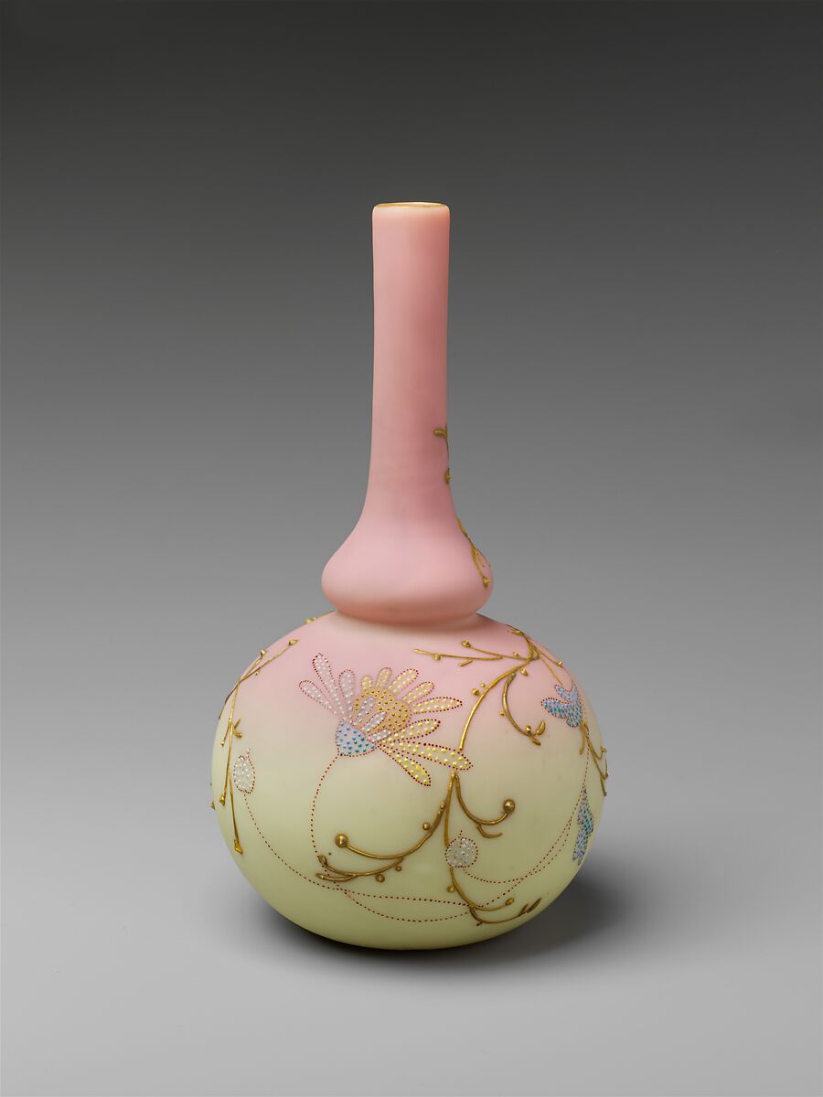 Vase, Mount Washington Glass Company (American, New Bedford, Massachusetts, 1837–1958), Free-blown, enameled, and gilded “Burmese” glass, American