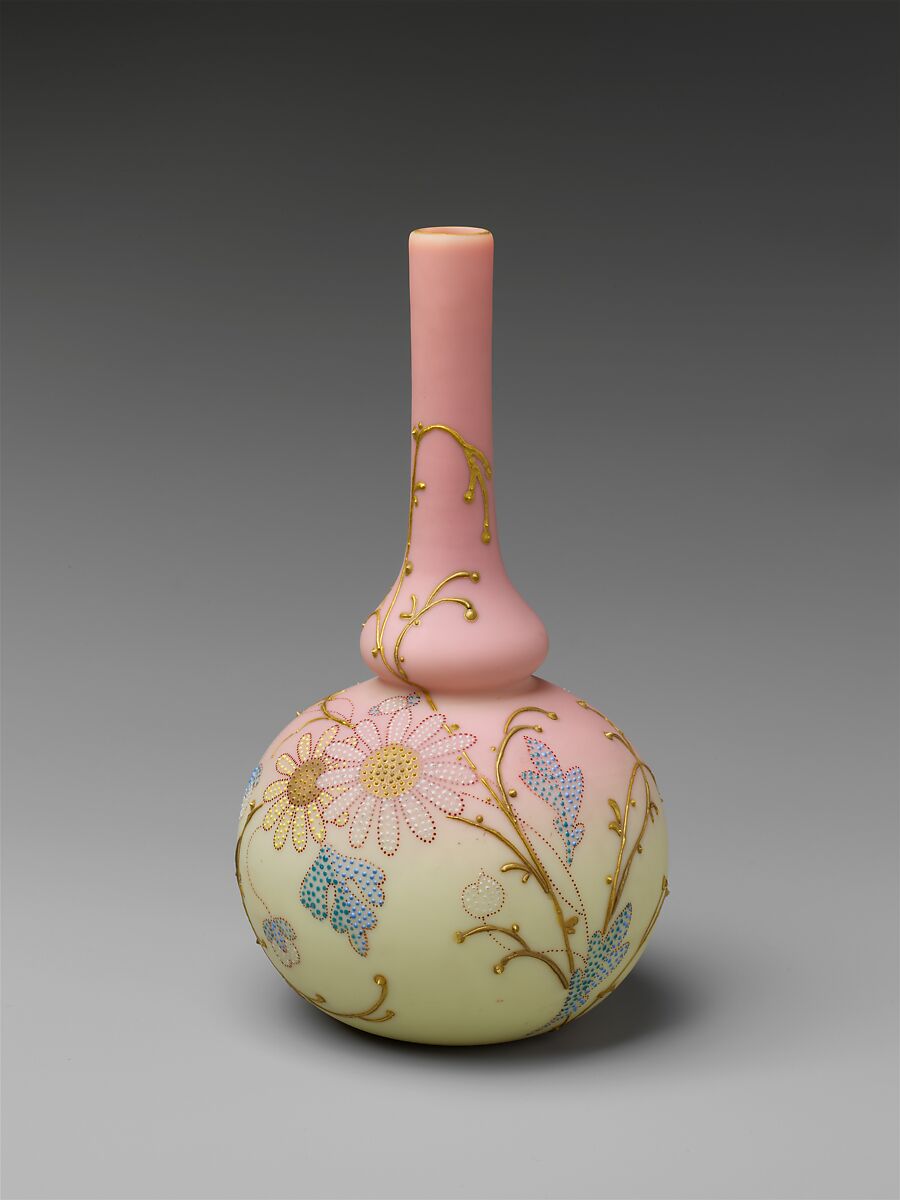 Vase, Mount Washington Glass Company (American, New Bedford, Massachusetts, 1837–1958), Free-blown enameled and guilded Burmese glass, American 