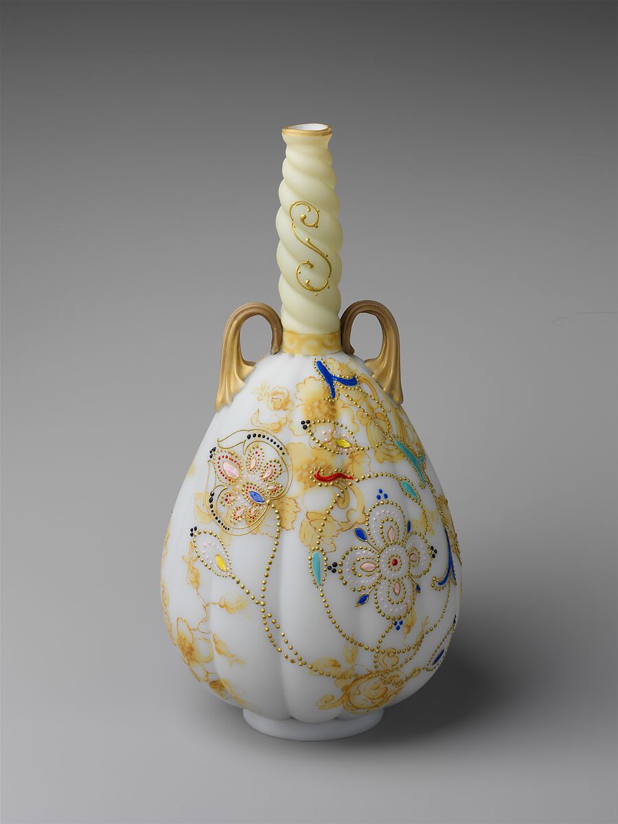Vase, Mount Washington Glass Company (American, New Bedford, Massachusetts, 1837–1958), Blown, enameled, and gilded “Crown Milano” glass, American