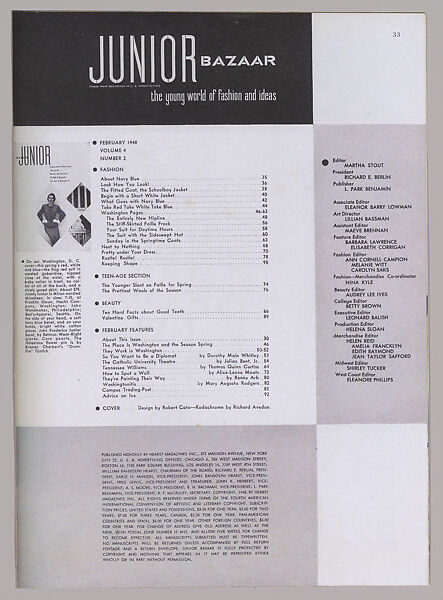 [Tear Sheet of Junior Bazaar Contents and Masthead], Lillian Bassman