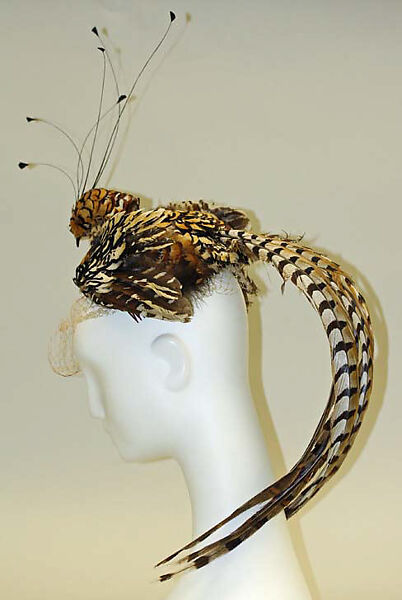 Hat, William J. (American, 1948–1962), feathers, coated cotton, plastic, American