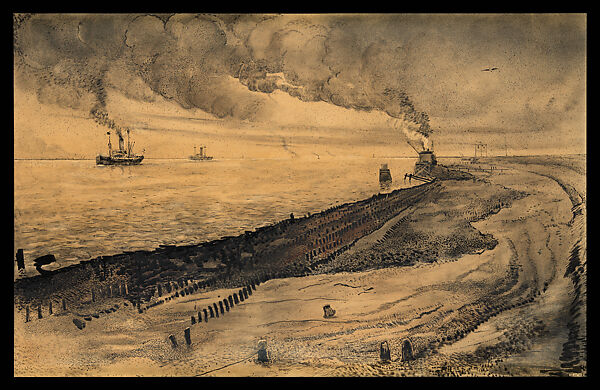 Construction of the quay at Hoek van Holland, Dirk Hidde Nijland (Dutch, 1881–1955), Black ink and wash, brown watercolor, with charcoal and graphite on tan paper