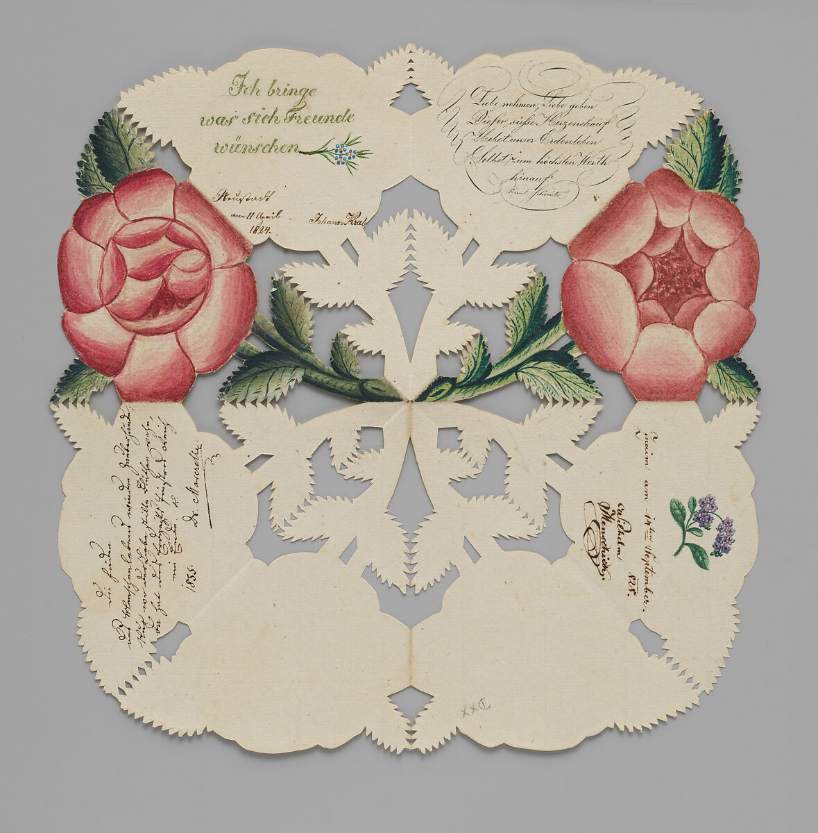 Greeting card with roses, Anonymous, German, 19th century  German, Cut paper