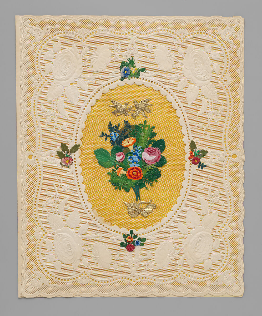 Quarto Valentine, Esther Howland  American, Embossed paper with gilt “Dresden” paper doves, and hand-painted small clay molded flowers on silk with yellow tissue interleaving