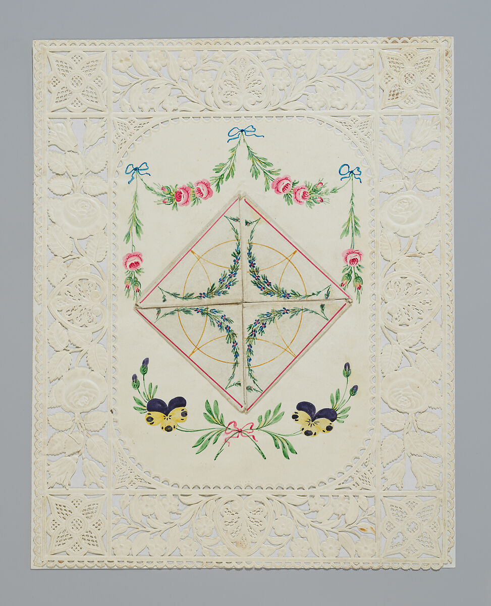 Quarto Valentine, Joseph Mansell  British, Watercolor, pen and brown ink on openwork cameo-embossed paper