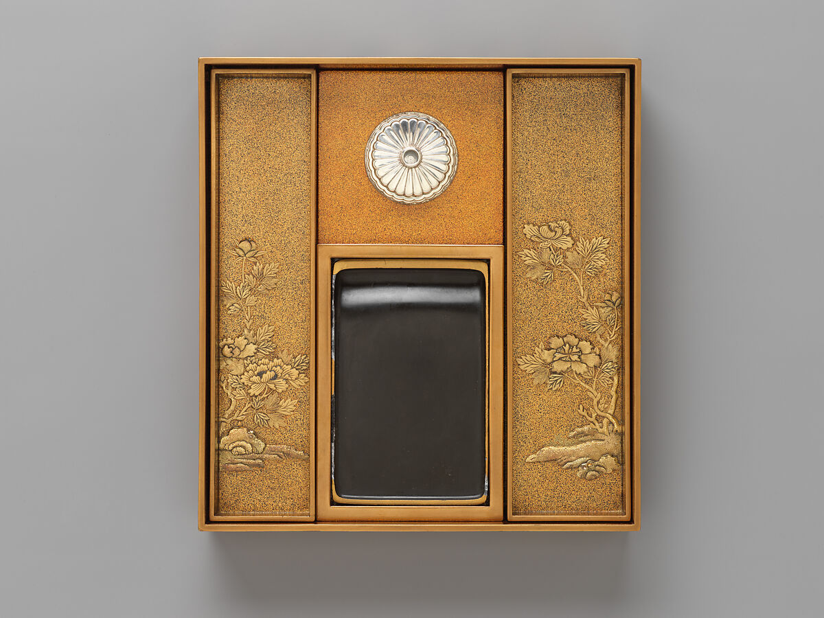 Writing Box (Suzuribako) with Chinese Lions, Peonies, and Tokugawa Family Crest, Kōami Chōjū (Japanese, 1599–1651), Lacquered wood with gold and silver takamaki-e, hiramaki-e, togidashimaki-e and cut-out gold and silver foil on nashiji and maki-e ground, Japan