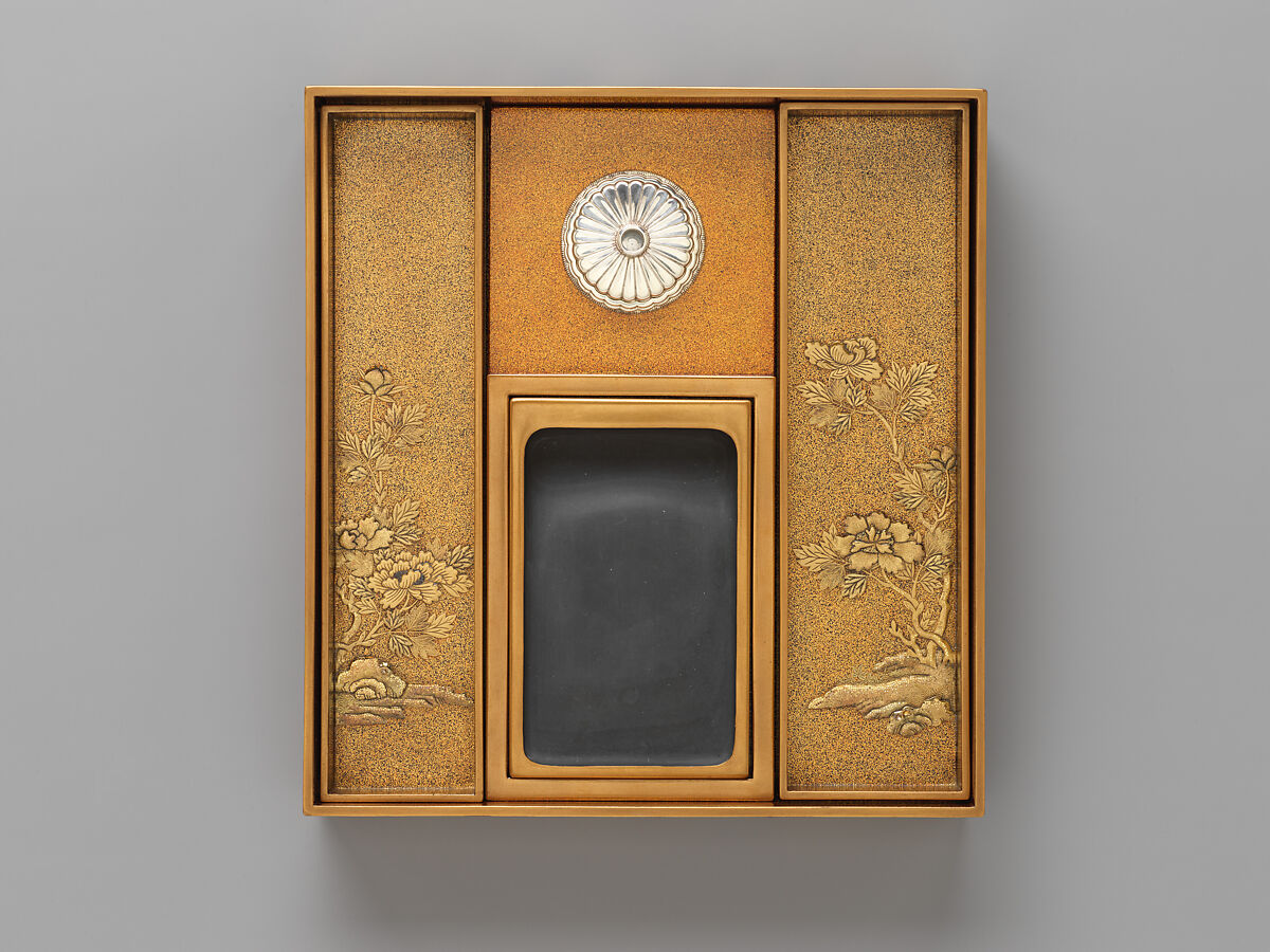 Writing Box (Suzuribako) with Chinese Lions, Peonies, and Tokugawa Family Crest, Kōami Chōjū (Japanese, 1599–1651), Lacquered wood with gold and silver takamaki-e, hiramaki-e, togidashimaki-e and cut-out gold and silver foil on nashiji and maki-e ground, Japan