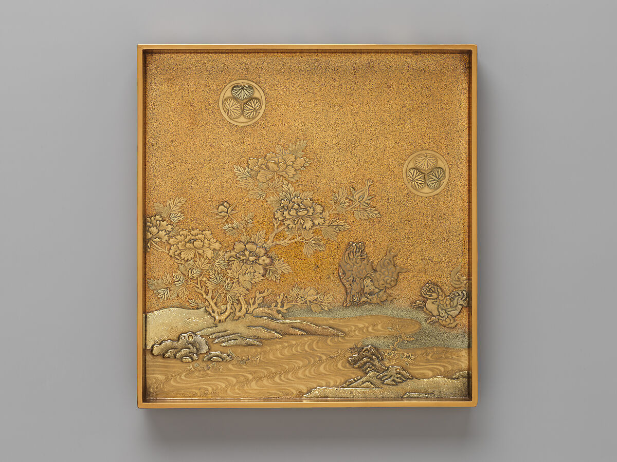 Writing Box (Suzuribako) with Chinese Lions, Peonies, and Tokugawa Family Crest, Kōami Chōjū (Japanese, 1599–1651), Lacquered wood with gold and silver takamaki-e, hiramaki-e, togidashimaki-e and cut-out gold and silver foil on nashiji and maki-e ground, Japan