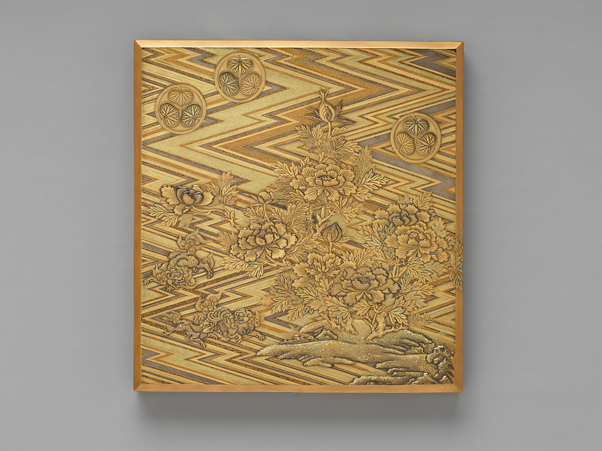 Writing Box (Suzuribako) with Chinese Lions, Peonies, and Tokugawa Family Crest, Kōami Chōjū (Japanese, 1599–1651), Lacquered wood with gold and silver takamaki-e, hiramaki-e, togidashimaki-e and cut-out gold and silver foil on nashiji and maki-e ground, Japan