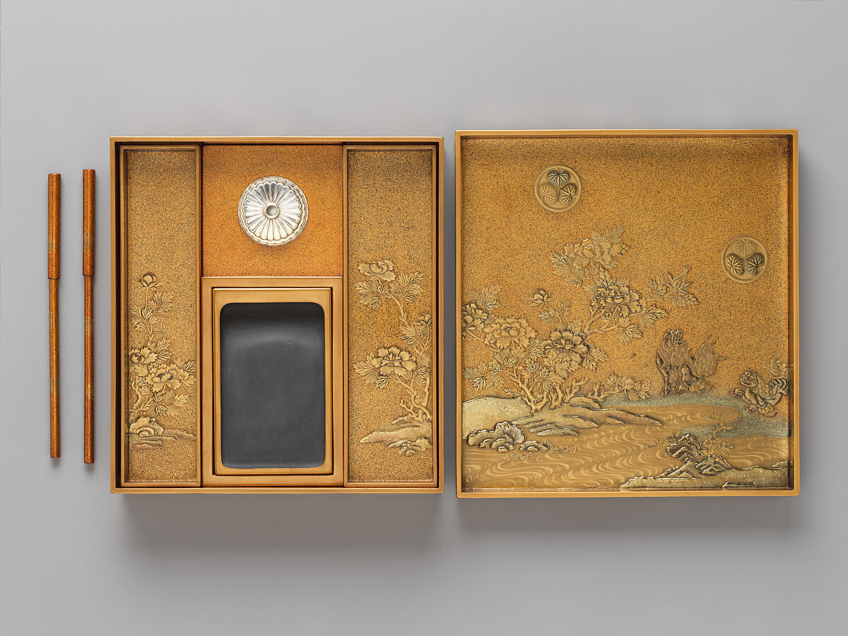 Writing Box (Suzuribako) with Chinese Lions, Peonies, and Tokugawa Family Crest, Kōami Chōjū (Japanese, 1599–1651), Lacquered wood with gold and silver takamaki-e, hiramaki-e, togidashimaki-e and cut-out gold and silver foil on nashiji and maki-e ground, Japan
