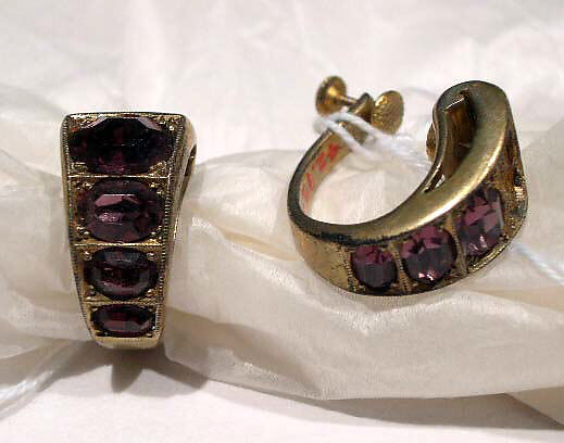 Earrings, imitation amethyst, gilt metal, American