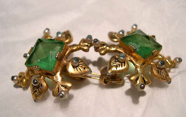 Earrings, Mr. Omar Kiam, imitation stones, gilt metal, American 