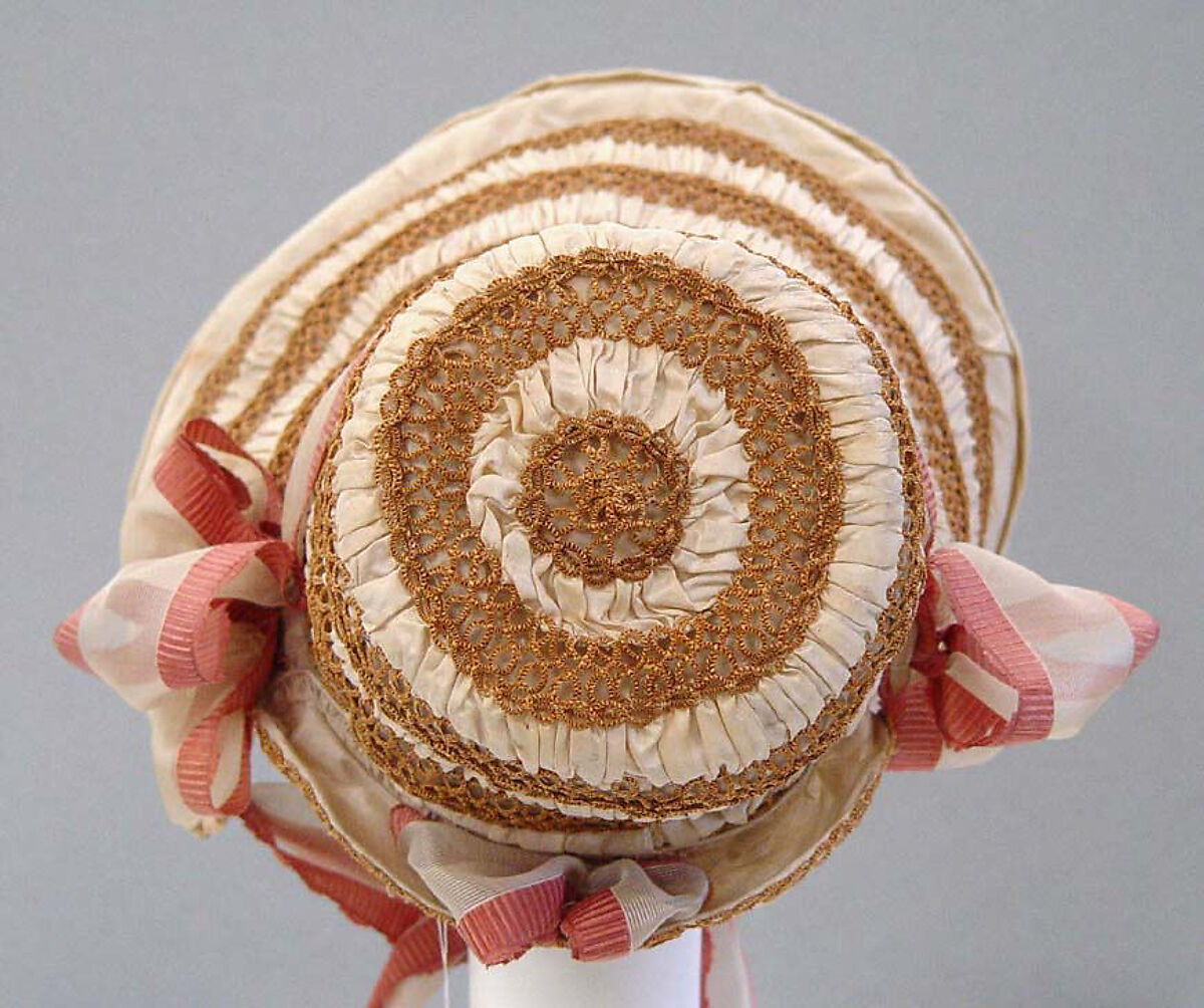 Bonnet, straw, silk, probably American