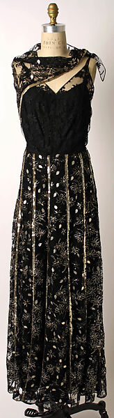 Evening ensemble, Mainbocher (French and American, founded 1930), silk, metal, nylon, American 