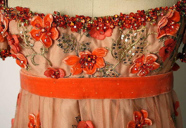 Evening dress, George Halley (American), nylon, silk, glass, metallic thread, plastic, American