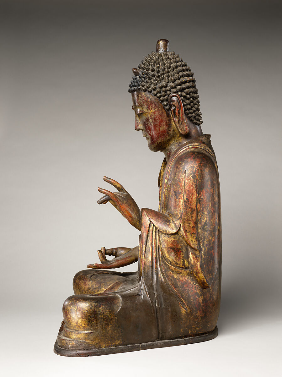 Seated Amitabha Buddha, Wood, lacquer, gilding, glass, ink on paper, Korea