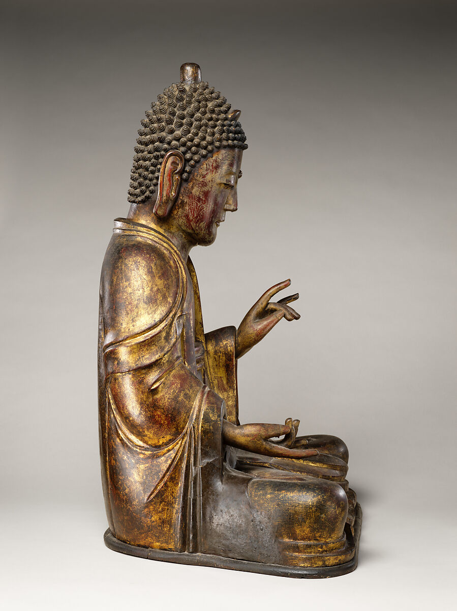 Seated Amitabha Buddha, Wood, lacquer, gilding, glass, ink on paper, Korea