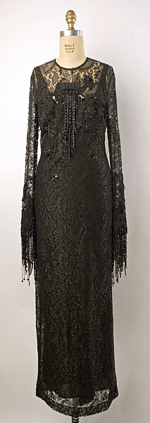 Evening dress, a) silk, synthetic, jet; b) silk, probably British 