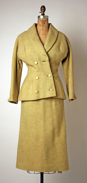 Suit, Attributed to House of Dior (French, founded 1946), wool, silk, wood (?), French 