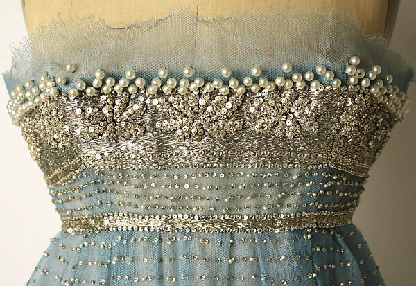 Evening dress, House of Dior (French, founded 1946), nylon, rhinestones (strass), simulated pearls, French
