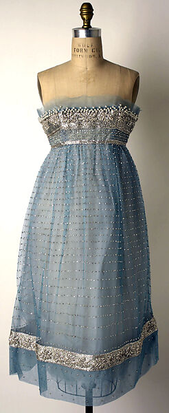 Evening dress, House of Dior (French, founded 1946), nylon, rhinestones (strass), simulated pearls, French 